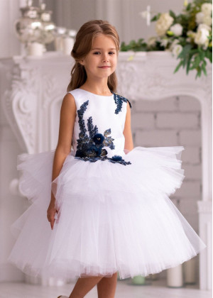 Beaded Navy Blue Lace White Tulle Tiered Flower Girl Dress
